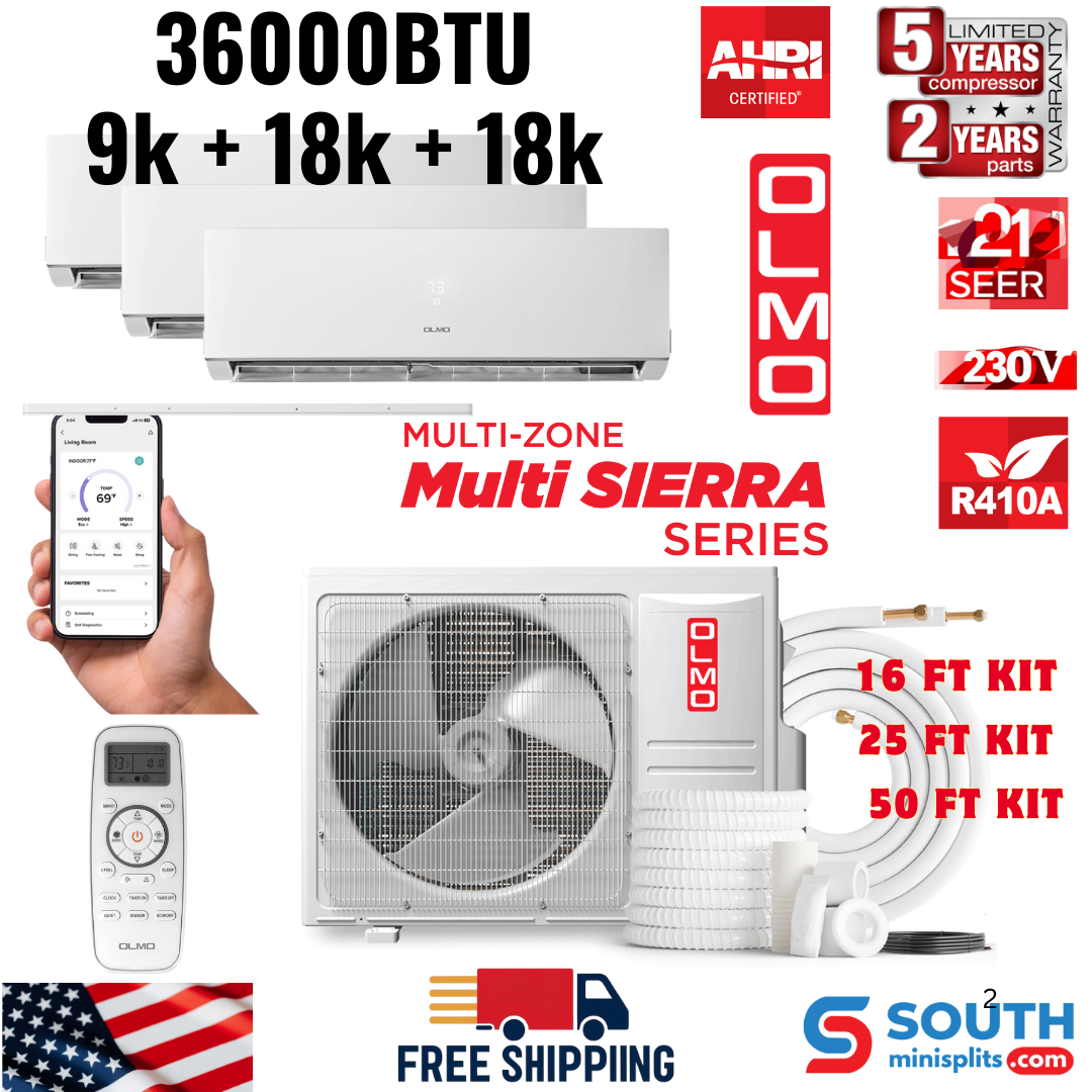 3 Zone OLMO Sierra Multi-Zone 36,000 BTU 3 Ton Inverter Heat Pump, (3 Heads) 230V Air Conditioner Tri Zone 9K + 18K + 18K BTU Wall Mount Ductless Mini Split A/C and Heater with Optional 16ft, 25ft or 50ft Installation Kits, R410A - South Mini Splits