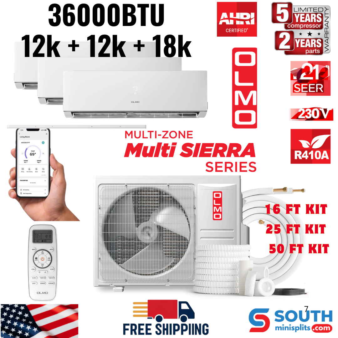 3 Zone OLMO Sierra Multi-Zone 36,000 BTU Tri Zone Inverter Heat Pump 3 Ton 230V Air Conditioner 12K + 12K + 18K BTU Wall Mount Ductless Mini Split A/C and Heater with Optional 16ft, 25ft or 50ft Installation Kits (3 Heads) R410A - South Mini Splits