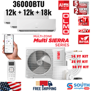 3 Zone OLMO Sierra Multi-Zone 36,000 BTU Tri Zone Inverter Heat Pump 3 Ton 230V Air Conditioner 12K + 12K + 18K BTU Wall Mount Ductless Mini Split A/C and Heater with Optional 16ft, 25ft or 50ft Installation Kits (3 Heads) R410A - South Mini Splits