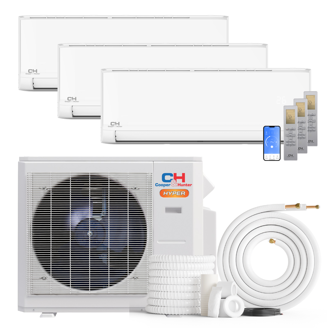 South Mini Splits | Cooper&Hunter Hyper Heat Olivia Series 3-Zone Ductless Mini Split AC & Heat Pump -- 28000 BTU (2.3 Ton) Without Shut-off Valves, Wall Mount Units (9K+12K+18K) BTU, Inverter Technology, 230V, Heating & Cooling 