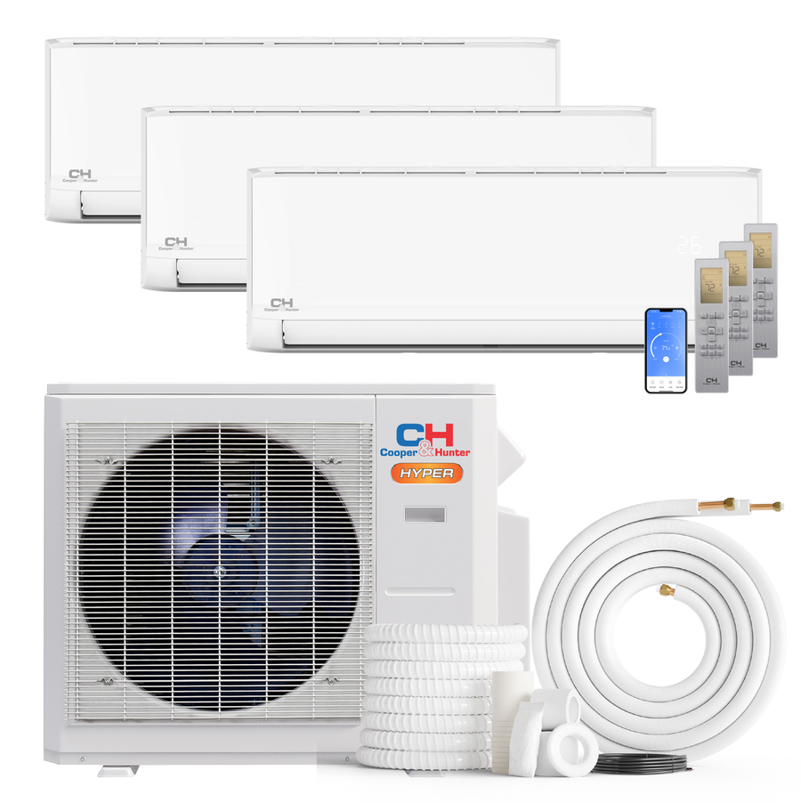 Cooper&Hunter Hyper Heat Olivia Series 3-Zone Ductless Mini Split AC & Heat Pump -- 28000 BTU (2.3 Ton) Without Shut-off Valves, Wall Mount Units (9K+9K+18K) BTU, Inverter Technology, 230V, Heating & Cooling