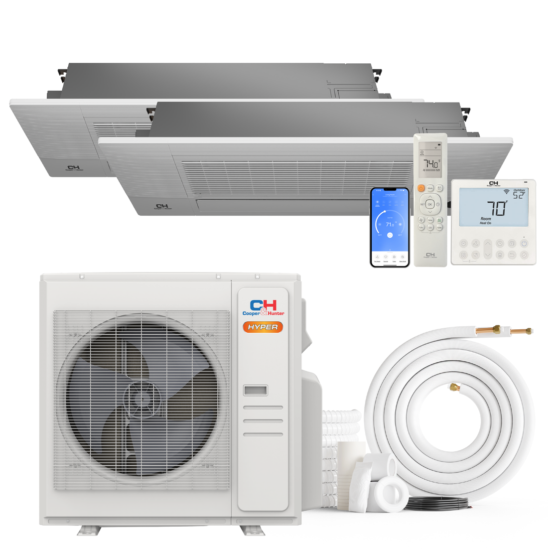 Cooper&Hunter Hyper Heat 2-Zone Ductless Mini Split AC & Heat Pump -- 36000 BTU (3.0 Ton) Without Shut-off Valves, One-Way Cassette Units (9K+18K) BTU, Inverter Technology, 230V, Heating & Cooling
