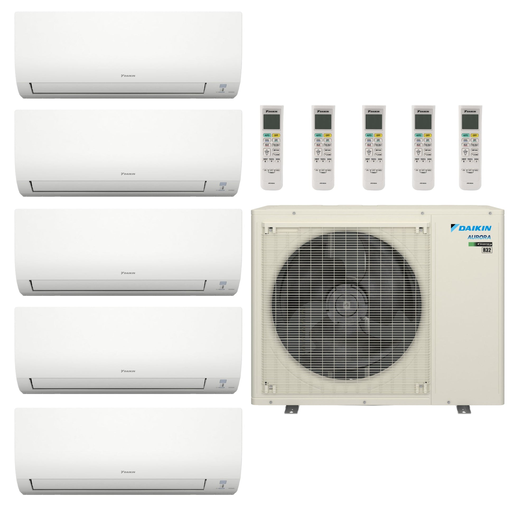 HVACSupplies.com | Daikin Aurora 5-Zone Ductless Mini Split AC & Heat Pump 48000 BTU (7K+7K+7K+9K+9K), Wall Mount Units, 230V - R32 