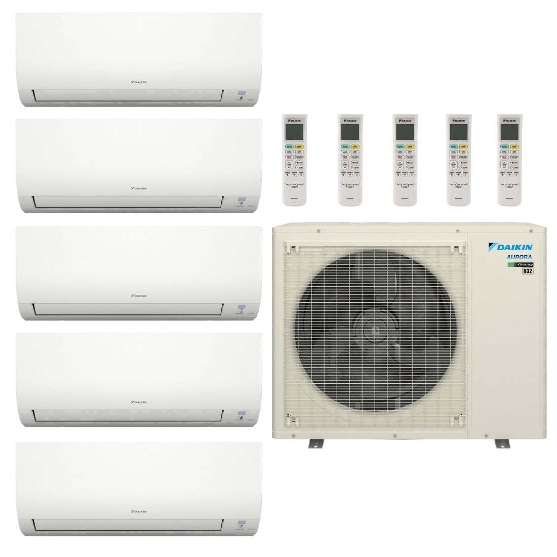 HVACSupplies.com | Daikin Hyper Heat Aurora 5-Zone Ductless Mini Split AC & Heat Pump w/ Drain Heat Pan 40000 BTU (9K+9K+9K+9K+12K), Wall Mount Units, 230V - R32 