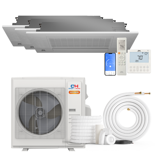 Cooper&Hunter Hyper Heat 4-Zone Ductless Mini Split AC & Heat Pump -- 36000 BTU (3.0 Ton) Without Shut-off Valves, One-Way Cassette Units (6K+12K+12K+12K) BTU, Inverter Technology, 230V, Heating & Cooling