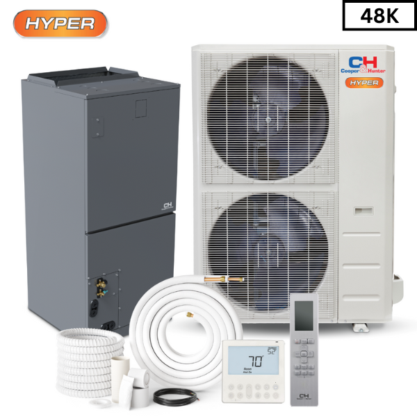 Cooper & Hunter 48,000 BTU, R410A, High Efficiency Hyper 4 TON 14.6 SEER Heat Mini Pump Split System with Multi Position Air Handler with Optional Installation Kit and Optional Auxiliary Heat Strip CH-48AHU + CH-NHPR48LCU-230VO - South Mini Splits