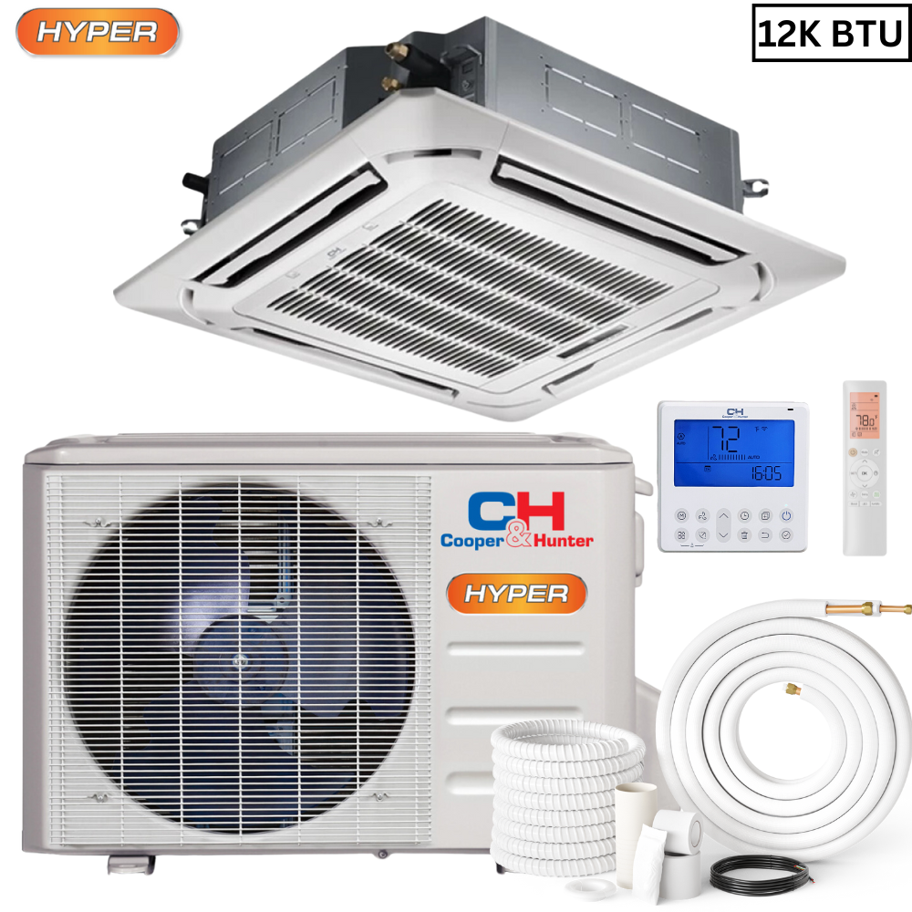 Cooper&Hunter Four Way Ceiling Cassette HYPER, R410A, 12,000 BTU 230V 20 SEER High Capacity Ductless Mini Split Air Conditioner, Heat Pump 1 TON + Installation Kit Option. CH-12MSPHCT-230VI + CH-HPR12-230VO