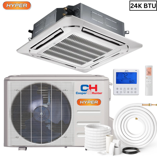 Cooper&Hunter Four Way Ceiling Cassette HYPER R410A, 24,000 BTU 230V 20.5 SEER High Capacity Ductless Mini Split Air Conditioner, Heat Pump 2 TON + Installation Kit Option. CH-N24MSPHCT-230VI + CH-HPR24-230VO