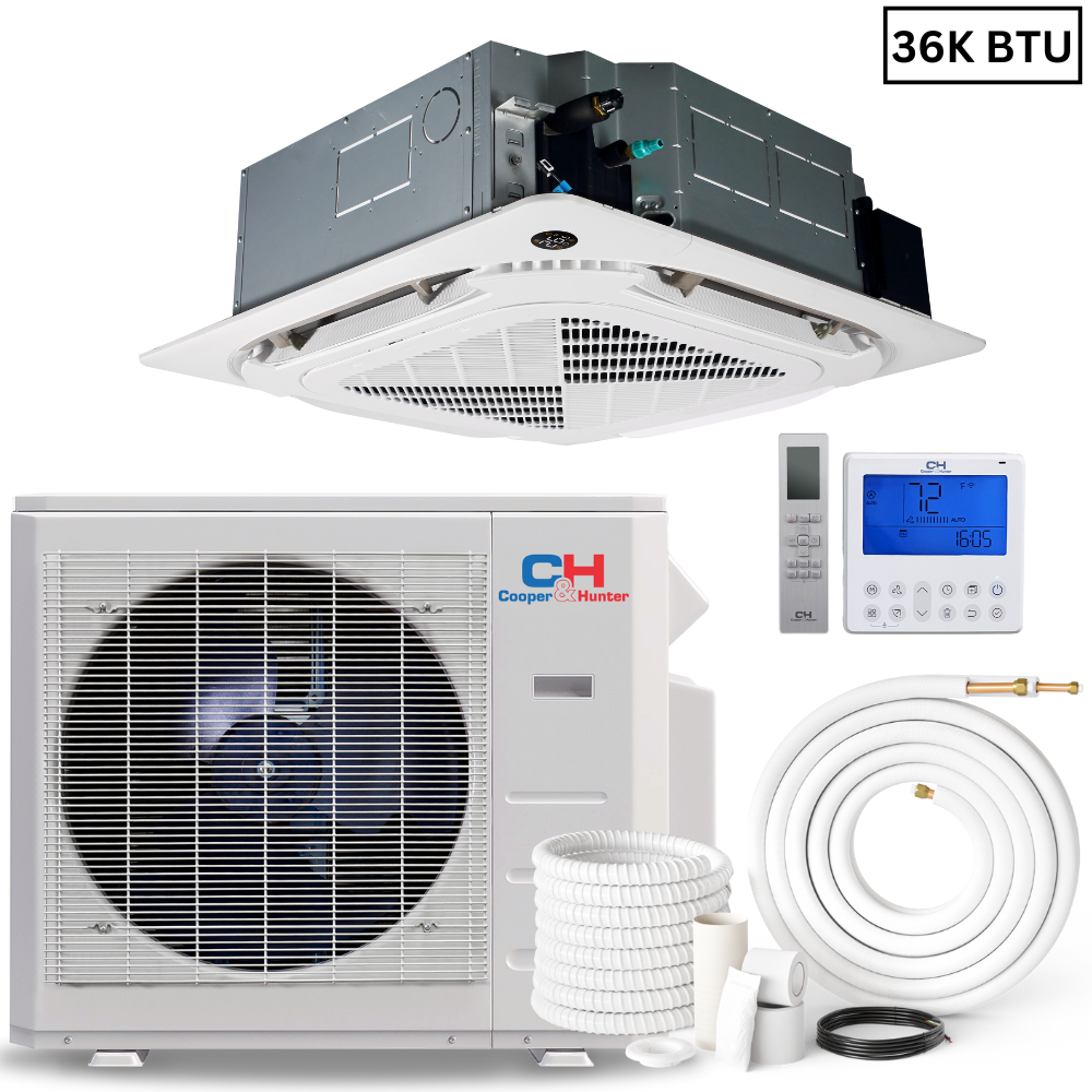 Cooper&Hunter R410A, Four-Way Ceiling Cassette 36,000 BTU 230V Light Commercial Ductless Mini Split Air Conditioner Heat Pump 16 SEER 3 TON, Wi-Fi Thermostat Included  + Installation Kit Option.  CH-N36LLCT-230VI + CH-EL36-230VO