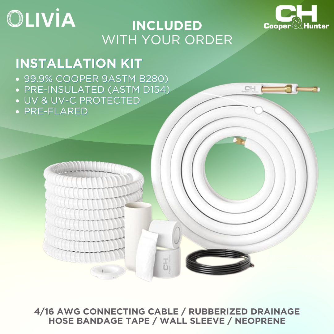 Cooper & Hunter, Olivia Series, R410A, 36,000 BTU/h, 3 Tons, 208-230V/60HZ, 18 SEER, Ductless Mini Split Wall Mount AC/Heater With WIFI and Optional Installation Kit - South Mini Splits
