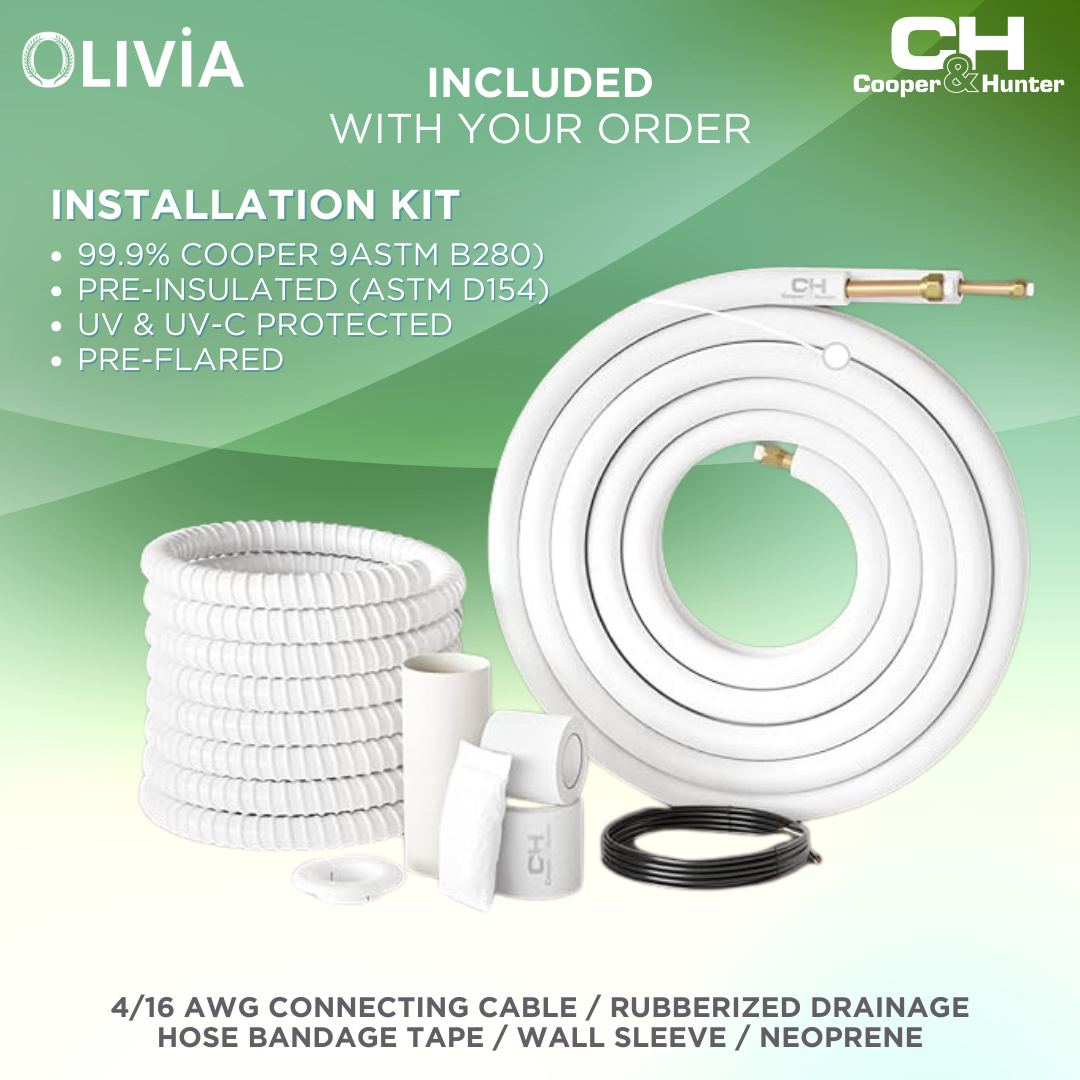 Cooper & Hunter Olivia Series, R410A, 0.75 Ton Single Zone Air Conditioner and Heat Pump, 9,000 BTU/h Ductless Mini Split Wall Mount, 24 SEER Inverter System, 208-230V/60HZ, Single Head, with Wi-Fi and Optional Installation Kit