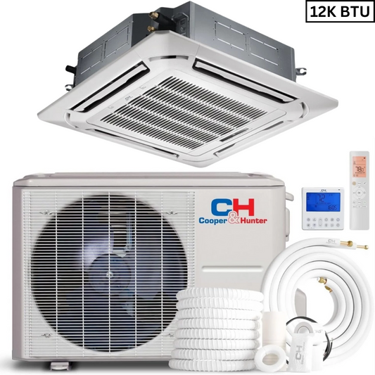 Cooper & Hunter Single-Zone 12,000 BTU 230V, 1 Ton, R410A, 22.7 SEER , Four way Ceiling Cassette Ductless Mini Split Air Conditioner Heat Pump 1 TON, Installation Kit Option. CH-12MSPHCT-230VI + CH-ES12-230VO