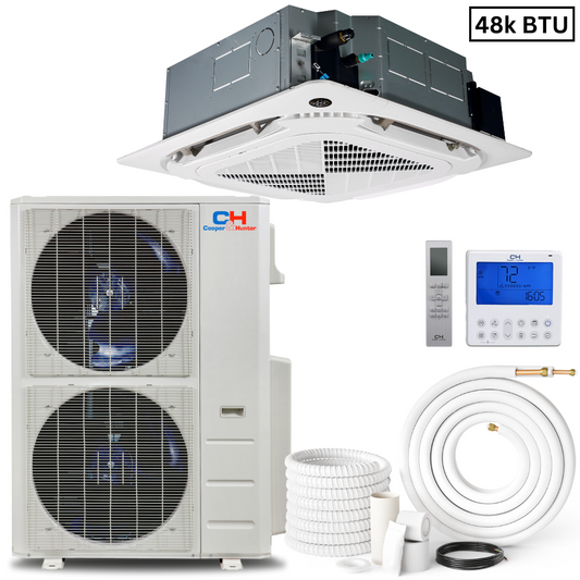 Cooper&Hunter Four-way Ceiling Cassette  R410A, 48,000 BTU 230V Light Commercial Ductless Mini Split Air Conditioner Heat Pump 16 SEER 4 TON + Installation Kit Option.CH-N48LLCT-230VI + CH-48LCU/O