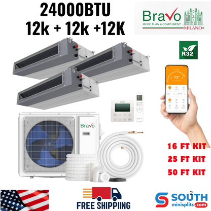 Bravo Milano Series 3-Zone Ducted Mini Split AC &amp; Heat Pump – 24000 BTU (2 Ton), Slim Duct Units (12K+12K+12K BTU), Inverter Technology, 230V, Heating &amp; Cooling