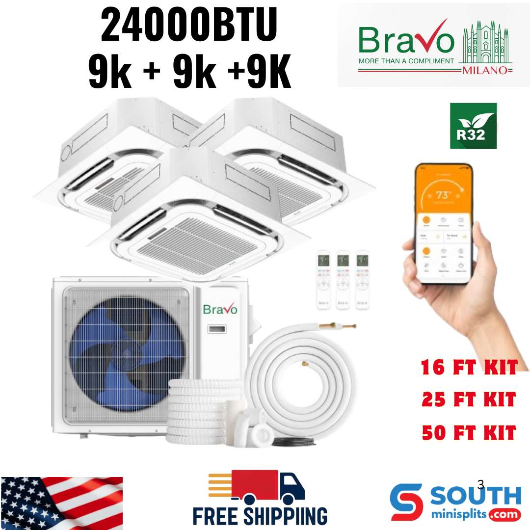 Bravo Milano Series 3-Zone Ductless Mini Split AC & Heat Pump – 24,000 BTU (2 Ton), Ceiling Cassette Units (9K+9K+9K BTU), Inverter Technology, 230V, Heating & Cooling - South Mini Splits