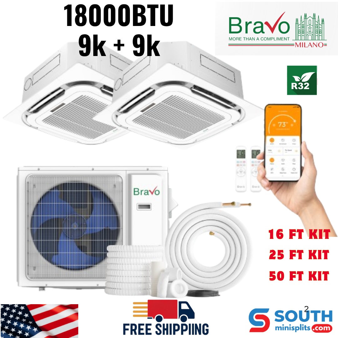 Bravo Milano Series 2-Zone Ductless Mini Split AC & Heat Pump – 18,000 BTU (1.5 Ton), Ceiling Cassette Units (9K+9K BTU), Inverter Technology, 230V, Heating & Cooling - South Mini Splits