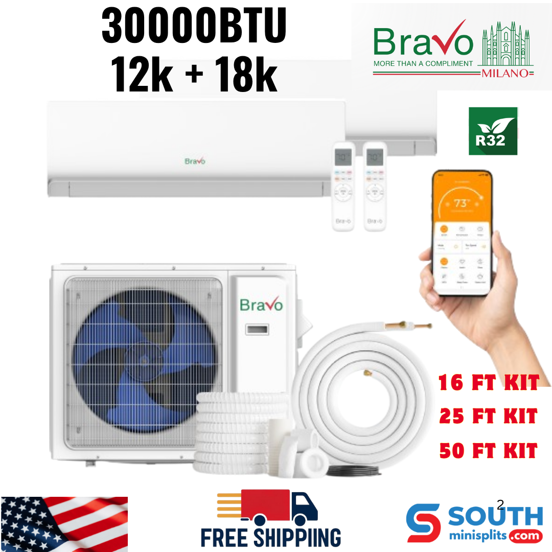 Bravo Milano Series 2-Zone Ductless Mini Split AC & Heat Pump – 30000 BTU (2.5 Ton), Wall Mount Units 12K+18K BTU, Inverter Technology, 230V, Heating & Cooling - South Mini Splits