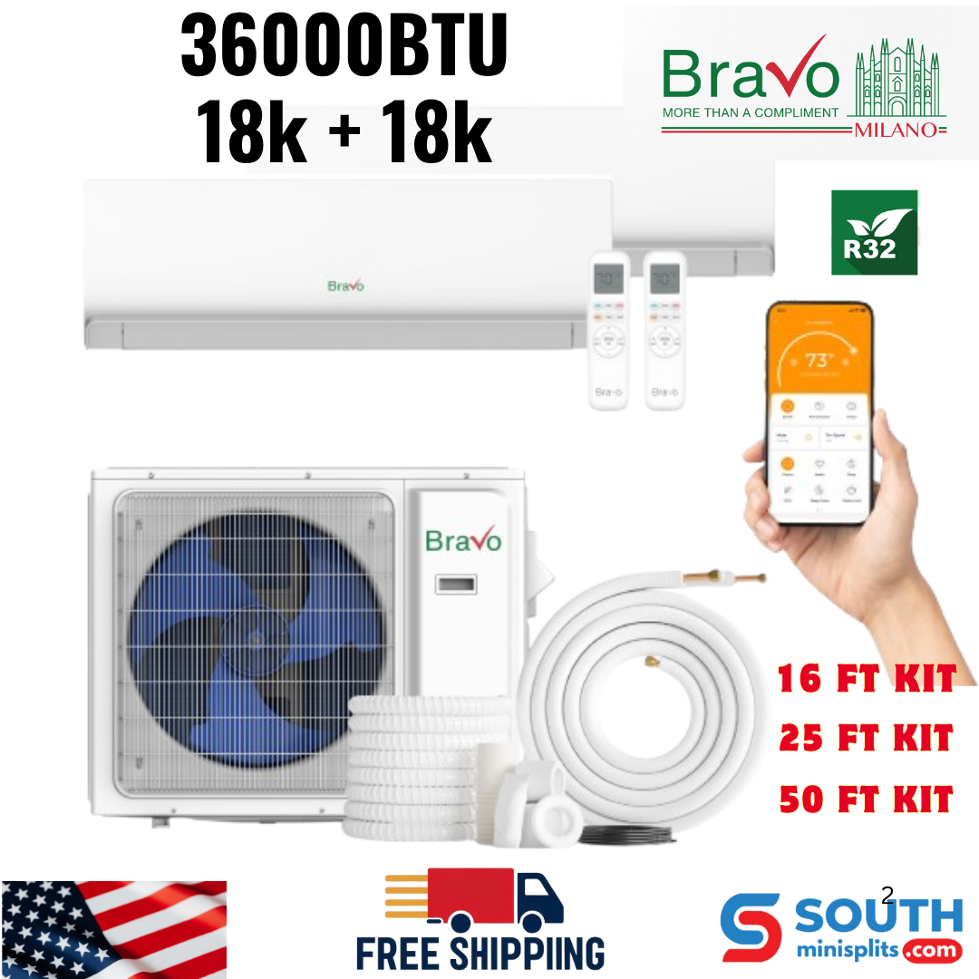 Bravo Milano Series 2-Zone Ductless Mini Split AC & Heat Pump – 36000 BTU (3 TON), Wall Mount Units 18K+18K BTU, Inverter Technology, 230V, Heating & Cooling