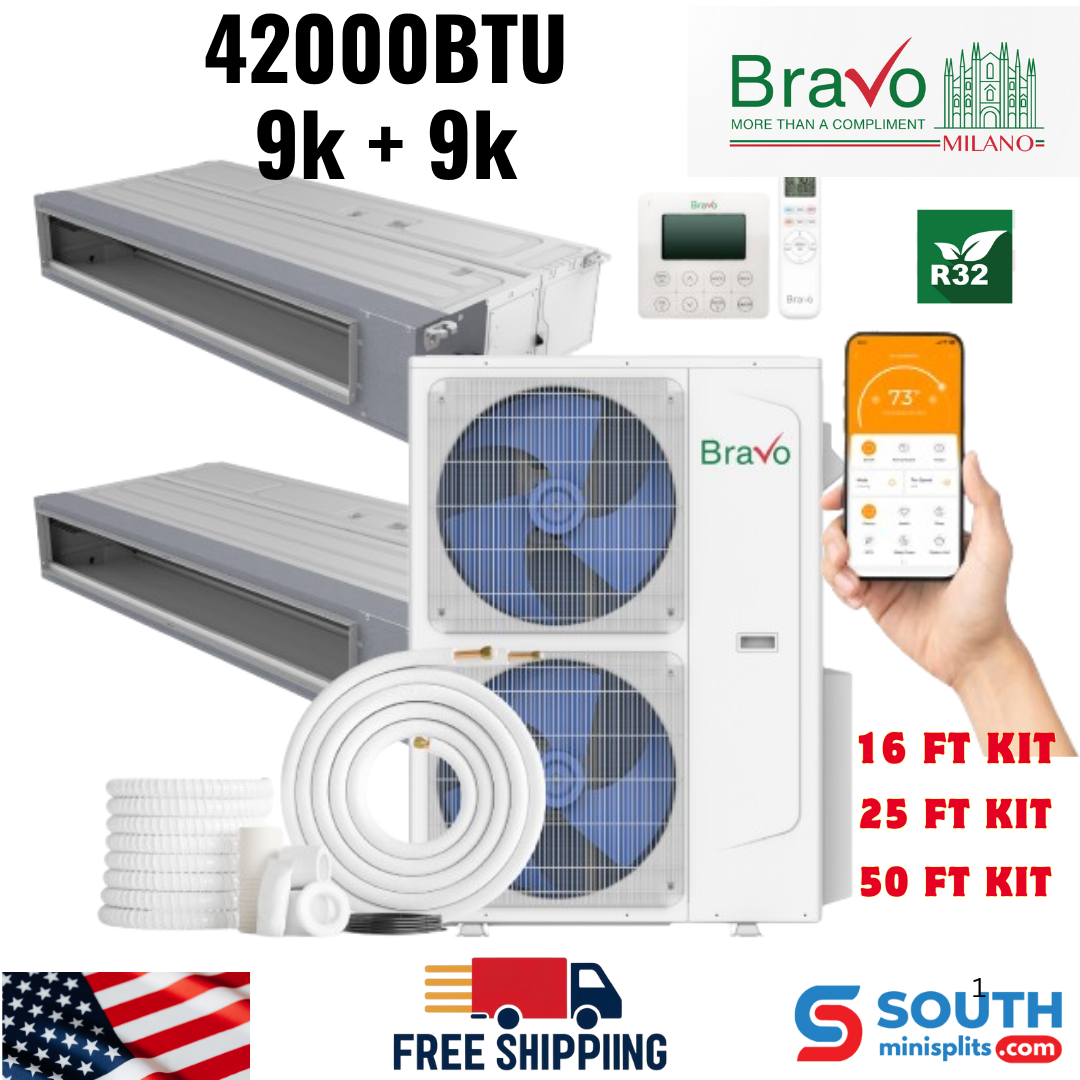Bravo Milano Series 2-Zone Ducted Mini Split AC & Heat Pump – 42000 BTU (3.5 Ton), Slim Duct Units (9K+9K BTU), Inverter Technology, 230V, Heating & Cooling - South Mini Splits