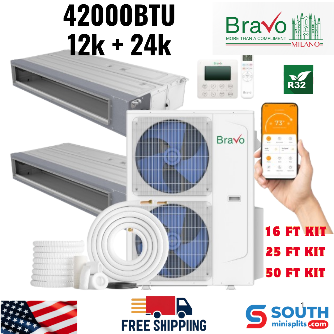 Bravo Milano Series 2-Zone Ducted Mini Split AC & Heat Pump – 42000 BTU (3.5 Ton), Slim Duct Units (12K+24K BTU), Inverter Technology, 230V, Heating & Cooling - South Mini Splits