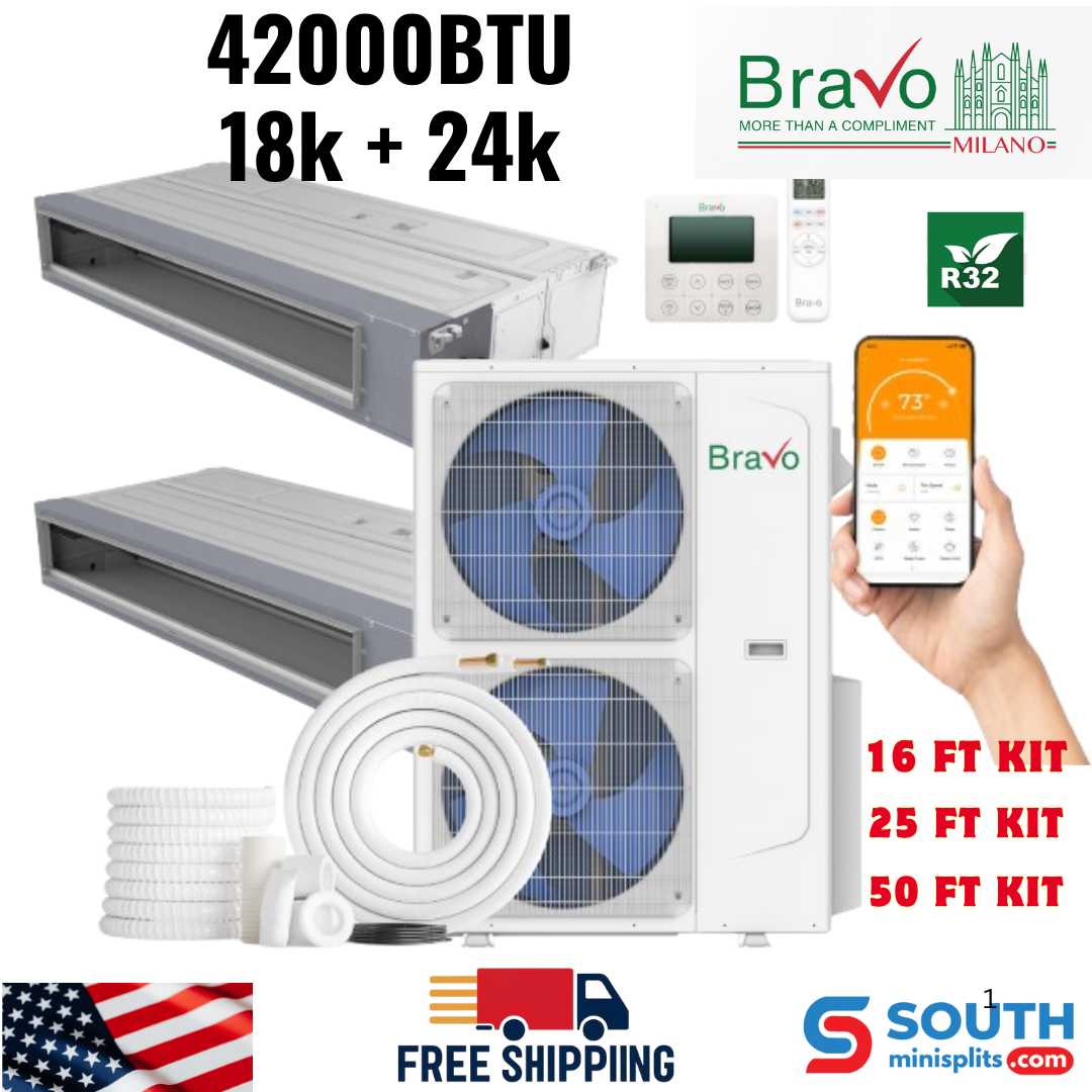 Bravo Milano Series 2-Zone Ducted Mini Split AC & Heat Pump – 42000 BTU (3.5 Ton), Slim Duct Units (18K+24K BTU), Inverter Technology, 230V, Heating & Cooling - South Mini Splits