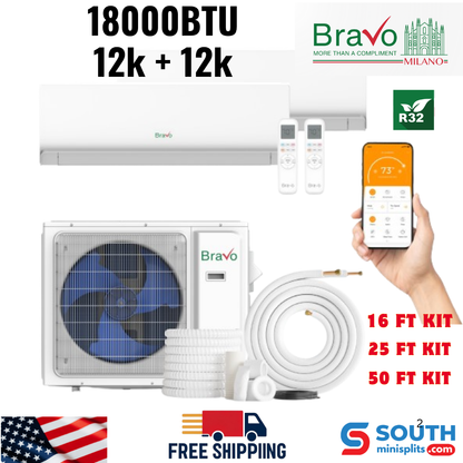 Bravo Milano Series 2-Zone Ductless Mini Split AC &amp; Heat Pump – 18000 BTU (1.5 Ton), Wall Mount Units 12K+12K BTU, Inverter Technology, 230V, Heating &amp; Cooling