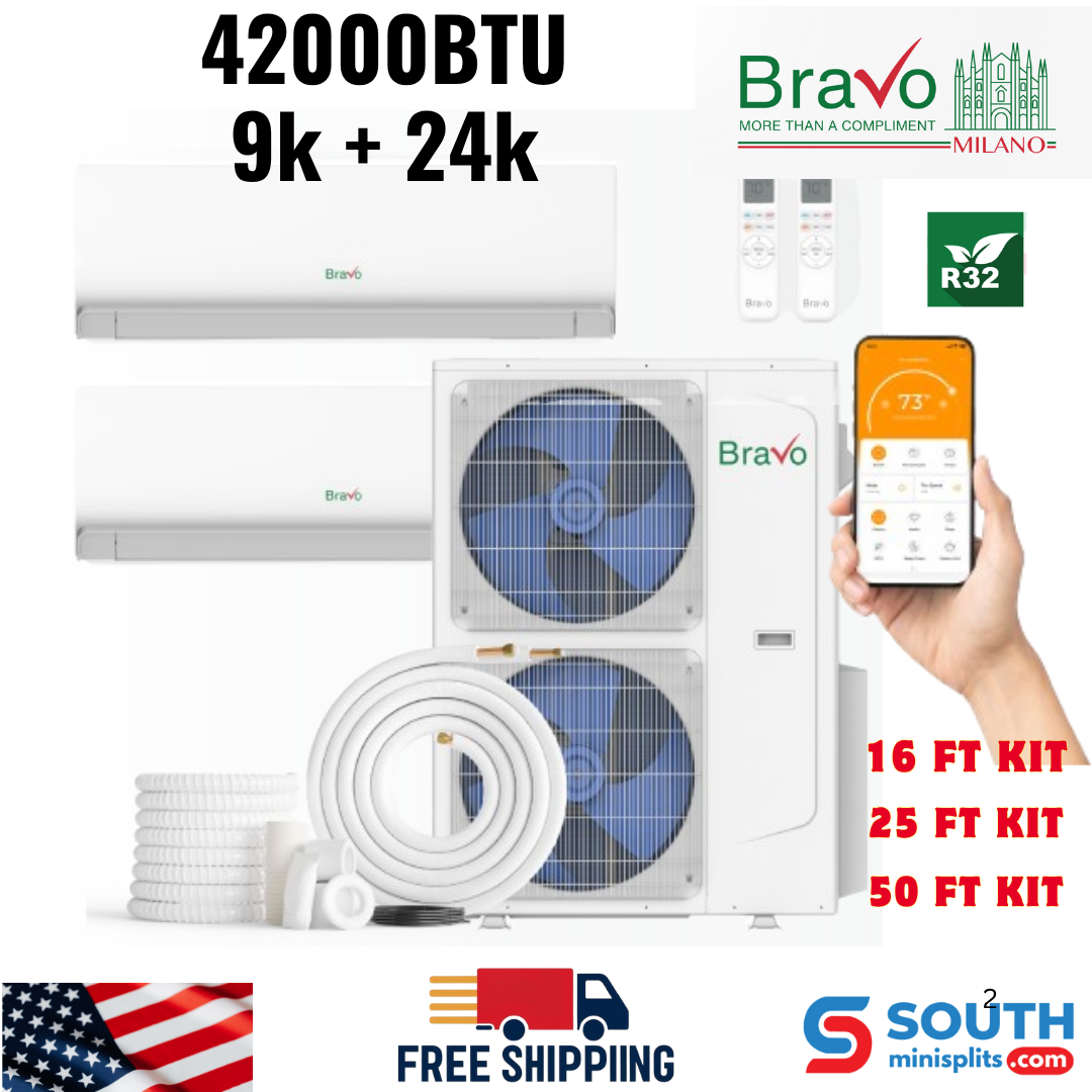 Bravo Milano Series 2-Zone Mini Split AC & Heat Pump -- 42,000 BTU (3.5 Ton), Wall Mount Units (9K+24K BTU), Inverter Technology, 208-230V, Heating & Cooling - South Mini Splits