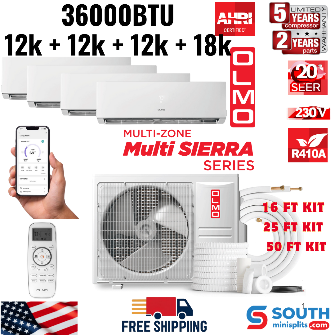 4 Zone OLMO Sierra Multi-Zone 36,000 BTU Quad Zone 12K + 12K + 12K + 18K BTU Wall Mount Ductless Mini Split A/C and Heater, R410A, with Optional 16ft, 25ft or 50ft Installation Kits - South Mini Splits