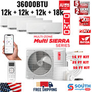 4 Zone OLMO Sierra Multi-Zone 36,000 BTU Quad Zone 12K + 12K + 12K + 18K BTU Wall Mount Ductless Mini Split A/C and Heater, R410A, with Optional 16ft, 25ft or 50ft Installation Kits - South Mini Splits