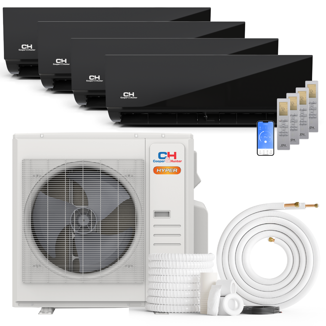 Cooper&Hunter Hyper Heat Olivia Midnight Series 4-Zone Ductless Mini Split AC & Heat Pump -- 36000 BTU (3.0 Ton) Without Shut-off Valves, Wall Mount Units (9K+9K+9K+12K) BTU, Inverter Technology, 230V, Heating & Cooling