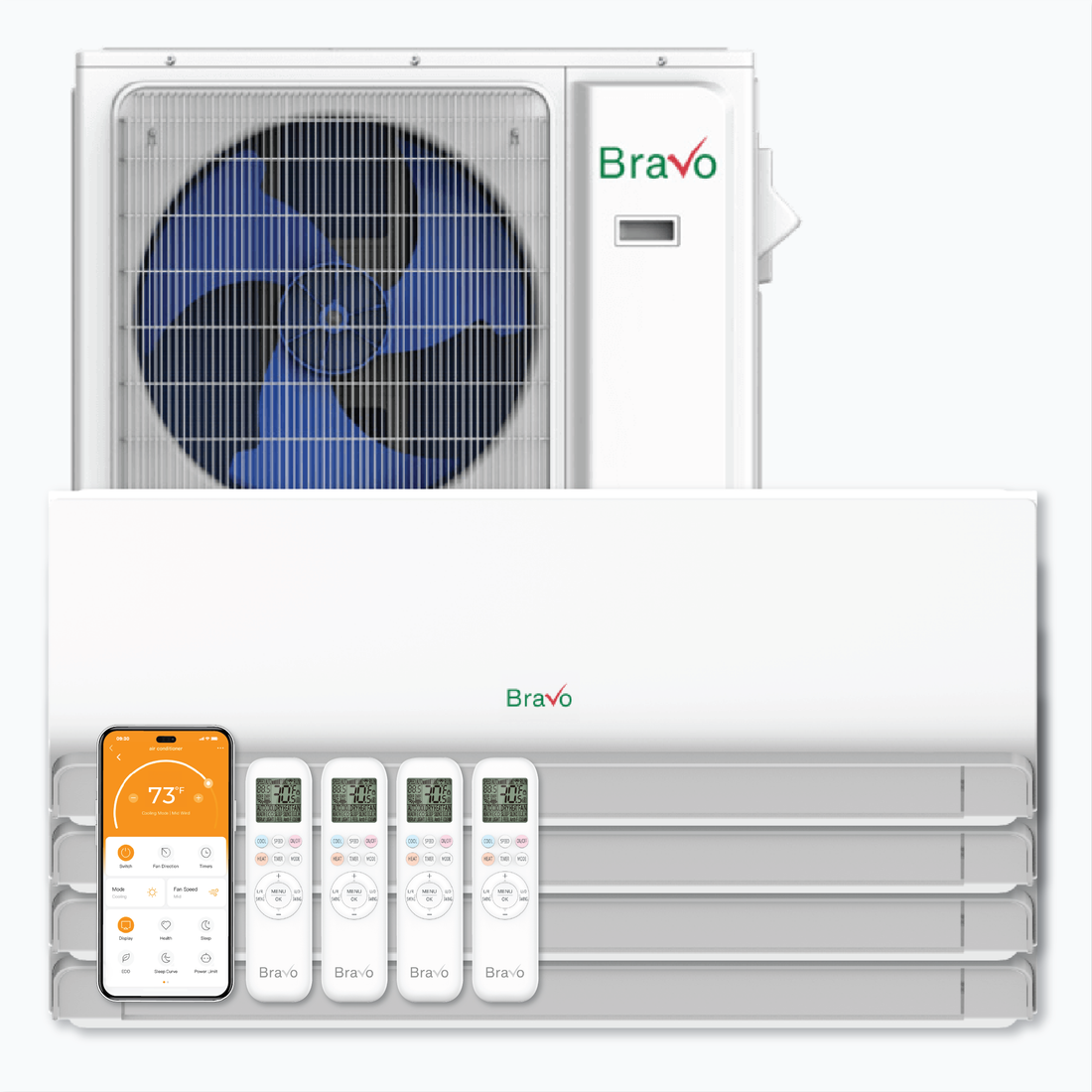 Bravo Milano 4-Zone Ductless Mini Split AC & Heat Pump -- 42000 BTU (3.5 Ton), Wall Mount Units (7K+9K+12K+18K) BTU, Inverter Technology, 230V, Heating & Cooling