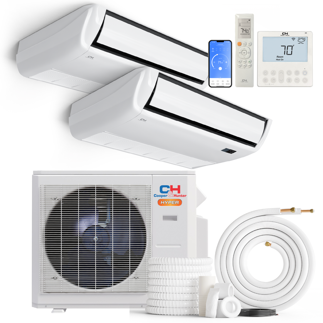 South Mini Splits | Cooper&Hunter Hyper Heat 2-Zone Ductless Mini Split AC & Heat Pump -- 28000 BTU (2.3 Ton) Without Shut-off Valves, Universal Floor Ceiling Units (18K+18K) BTU, Inverter Technology, 230V, Heating & Cooling 