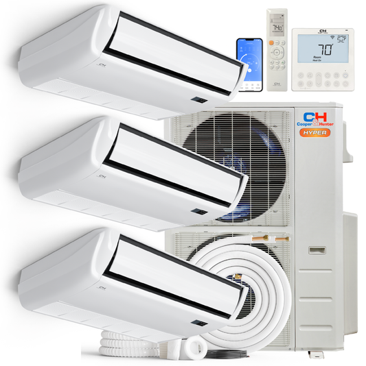 Cooper&Hunter Hyper Heat 3-Zone Ductless Mini Split AC & Heat Pump -- 48000 BTU (4.0 Ton) Without Shut-off Valves, Universal Floor Ceiling Units (18K+18K+18K) BTU, Inverter Technology, 230V, Heating & Cooling