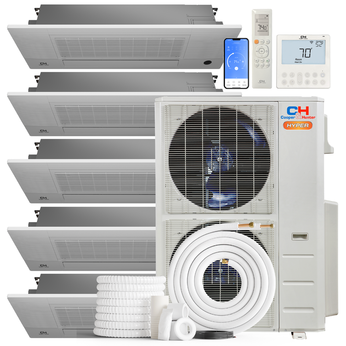 South Mini Splits | Cooper&Hunter Hyper Heat 5-Zone Ductless Mini Split AC & Heat Pump -- 55000 BTU (4.6 Ton) Without Shut-off Valves, One-Way Cassette Units (6K+6K+9K+9K+18K) BTU, Inverter Technology, 230V, Heating & Cooling 