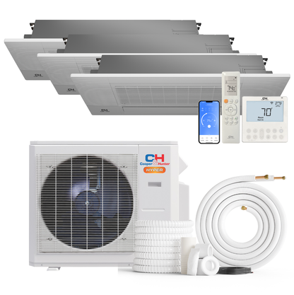South Mini Splits | Cooper&amp;Hunter Hyper Heat 3-Zone Ductless Mini Split AC &amp; Heat Pump -- 28000 BTU (2.3 Ton) Without Shut-off Valves, One-Way Cassette Units (6K+18K+18K) BTU, Inverter Technology, 230V, Heating &amp; Cooling 