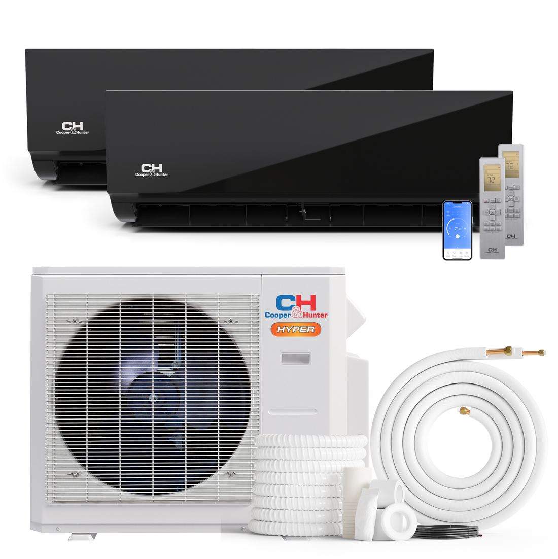 Cooper&Hunter Hyper Heat Olivia Midnight Series 2-Zone Ductless Mini Split AC & Heat Pump -- 28000 BTU (2.3 Ton) Without Shut-off Valves, Wall Mount Units (9K+24K) BTU, Inverter Technology, 230V, Heating & Cooling