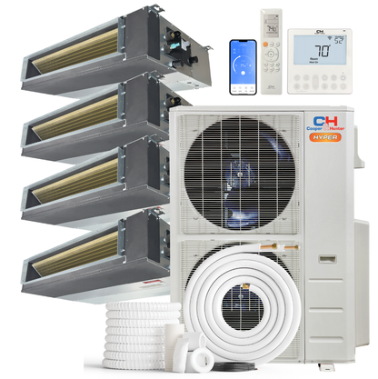HVACSupplies.com | Cooper&amp;Hunter Hyper Heat 4-Zone Ducted Mini Split AC &amp; Heat Pump -- 55000 BTU (4.6 Ton) Without Shut-off Valves, Slim Ducts Units (6K+6K+9K+12K) BTU, Inverter Technology, 230V, Heating &amp; Cooling 