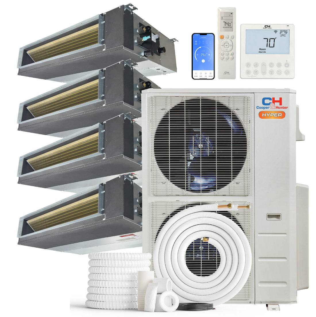 Cooper&Hunter Hyper Heat 4-Zone Ducted Mini Split AC & Heat Pump -- 55000 BTU (4.6 Ton) Without Shut-off Valves, Slim Ducts Units (12K+12K+12K+18K) BTU, Inverter Technology, 230V, Heating & Cooling