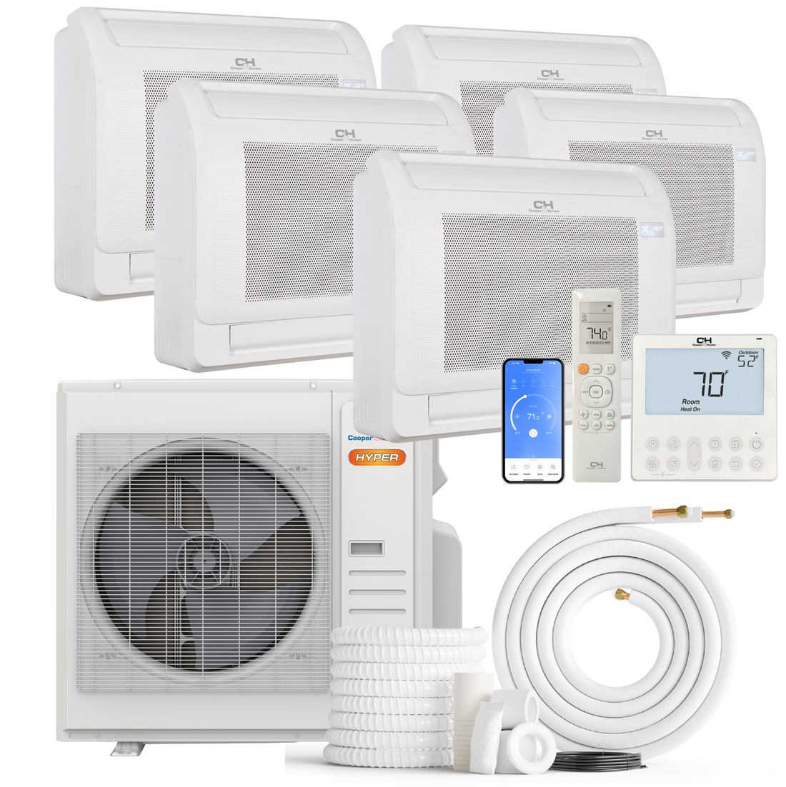 Cooper&Hunter Hyper Heat 5-Zone Ductless Mini Split AC & Heat Pump -- 36000 BTU (3.0 Ton) Without Shut-off Valves, Floor Console Units (9K+9K+9K+9K+12K) BTU, Inverter Technology, 230V, Heating & Cooling