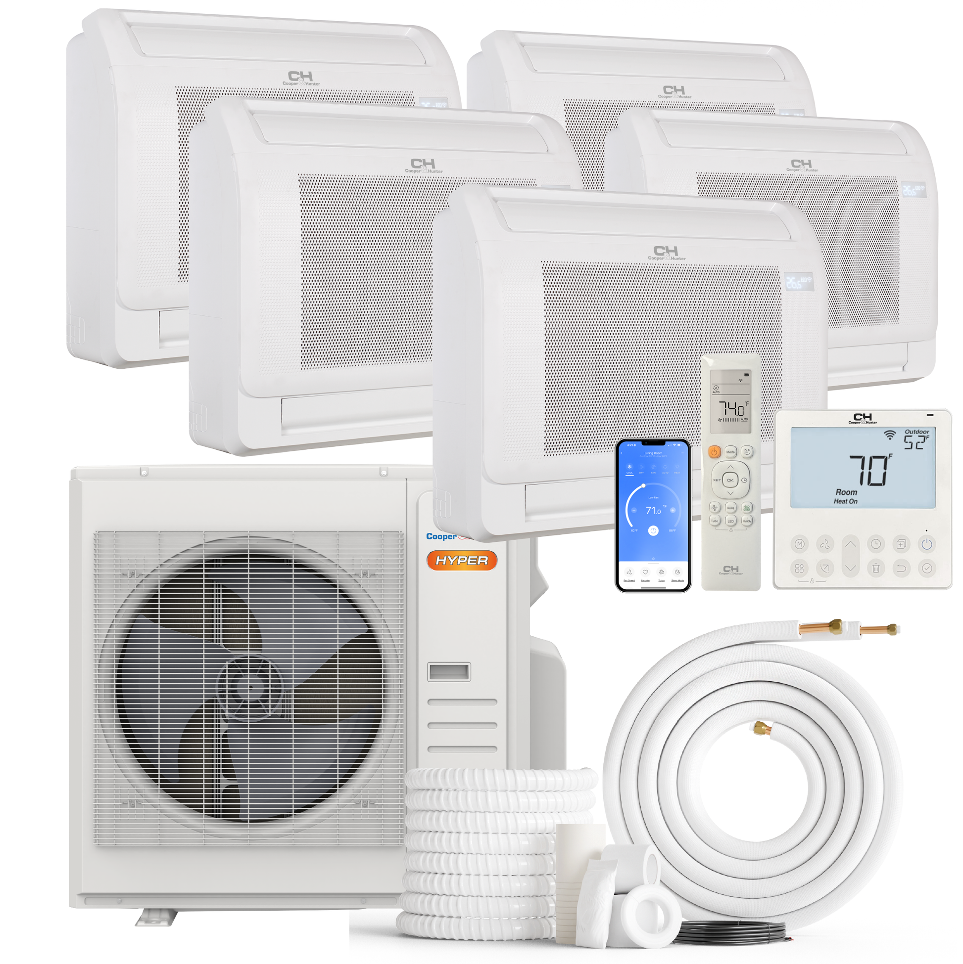 Cooper&Hunter Hyper Heat 5-Zone Ductless Mini Split AC & Heat Pump -- 36000 BTU (3.0 Ton) Without Shut-off Valves, Floor Console Units (9K+9K+9K+9K+12K) BTU, Inverter Technology, 230V, Heating & Cooling