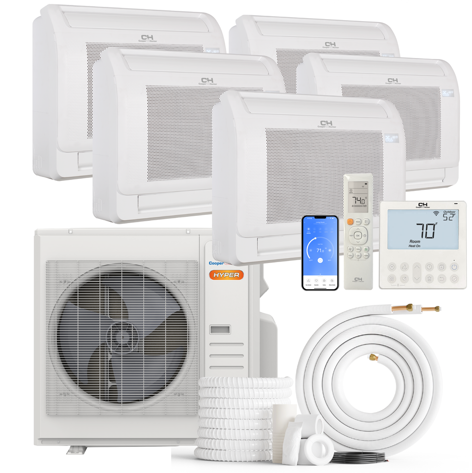 Cooper&Hunter Hyper Heat 5-Zone Ductless Mini Split AC & Heat Pump -- 36000 BTU (3.0 Ton) Without Shut-off Valves, Floor Console Units (9K+9K+9K+9K+12K) BTU, Inverter Technology, 230V, Heating & Cooling