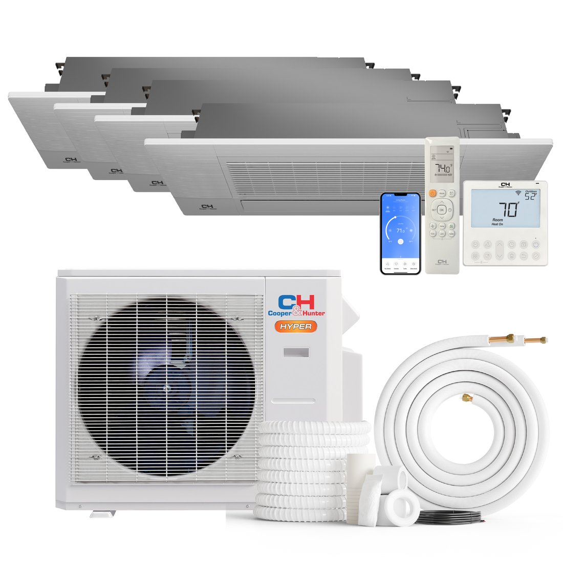 Cooper&Hunter Hyper Heat 4-Zone Ductless Mini Split AC & Heat Pump -- 28000 BTU (2.3 Ton) Without Shut-off Valves, One-Way Cassette Units (6K+6K+12K+18K) BTU, Inverter Technology, 230V, Heating & Cooling