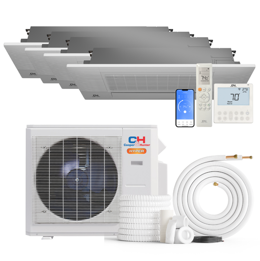 Cooper&Hunter Hyper Heat 4-Zone Ductless Mini Split AC & Heat Pump -- 28000 BTU (2.3 Ton) Without Shut-off Valves, One-Way Cassette Units (6K+6K+12K+18K) BTU, Inverter Technology, 230V, Heating & Cooling