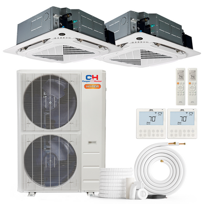 Cooper&amp;Hunter Hyper Heat 2-Zone Ductless Mini Split AC &amp; Heat Pump -- 48000 BTU (4.0 Ton) Without Shut-off Valves, 4-Way Ceiling Cassette Units (9K+18K) BTU, Inverter Technology, 230V, Heating &amp; Cooling