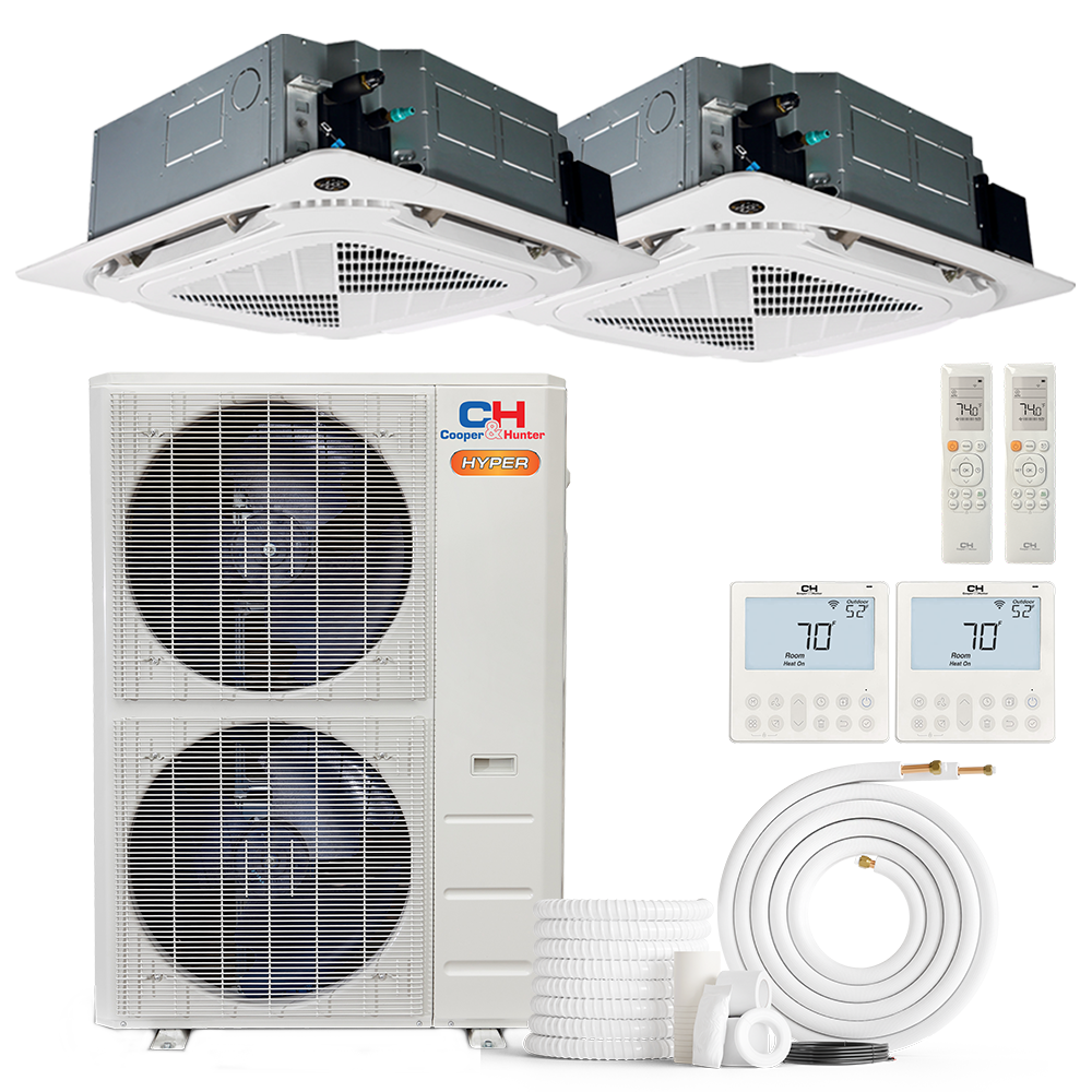 Cooper&Hunter Hyper Heat 2-Zone Ductless Mini Split AC & Heat Pump -- 48000 BTU (4.0 Ton) Without Shut-off Valves, 4-Way Ceiling Cassette Units (12K+18K) BTU, Inverter Technology, 230V, Heating & Cooling