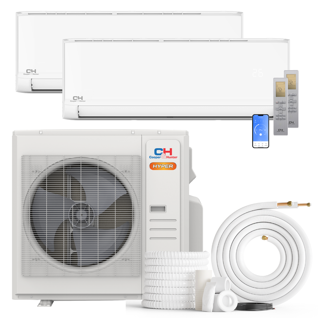 South Mini Splits | Cooper&Hunter Hyper Heat Olivia Series 2-Zone Ductless Mini Split AC & Heat Pump -- 36000 BTU (3.0 Ton) Without Shut-off Valves, Wall Mount Units (9K+30K) BTU, Inverter Technology, 230V, Heating & Cooling 