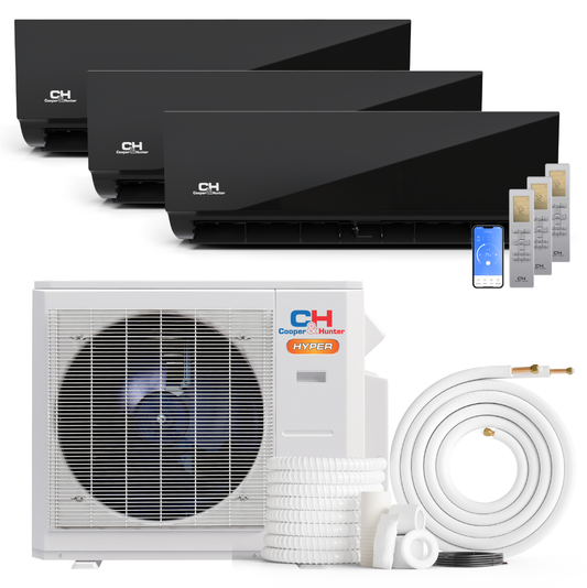 Cooper&Hunter Hyper Heat Olivia Midnight Series 3-Zone Ductless Mini Split AC & Heat Pump -- 28000 BTU (2.3 Ton) Without Shut-off Valves, Wall Mount Units (12K+12K+12K) BTU, Inverter Technology, 230V, Heating & Cooling