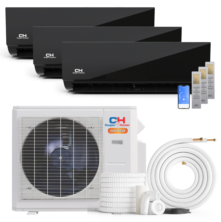 Cooper&Hunter Hyper Heat Olivia Midnight Series 3-Zone Ductless Mini Split AC & Heat Pump -- 28000 BTU (2.3 Ton) Without Shut-off Valves, Wall Mount Units (9K+9K+18K) BTU, Inverter Technology, 230V, Heating & Cooling