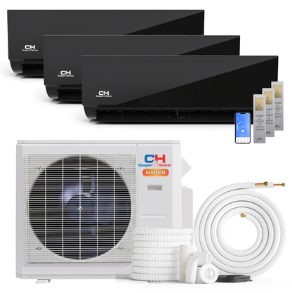 Cooper&amp;Hunter Hyper Heat Olivia Midnight Series 3-Zone Ductless Mini Split AC &amp; Heat Pump -- 28000 BTU (2.3 Ton) Without Shut-off Valves, Wall Mount Units (9K+9K+12K) BTU, Inverter Technology, 230V, Heating &amp; Cooling