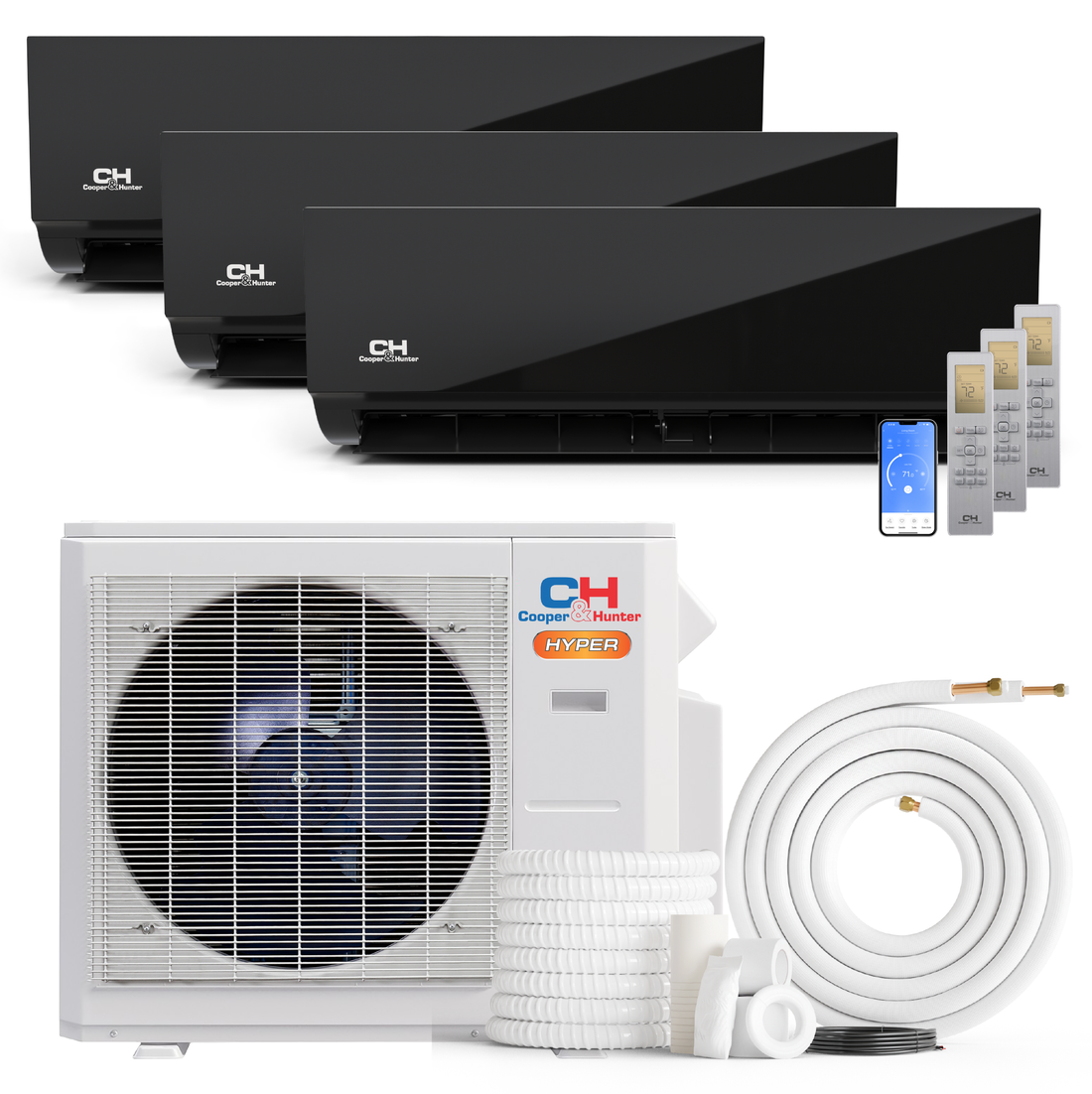 Cooper&Hunter Hyper Heat Olivia Midnight Series 3-Zone Ductless Mini Split AC & Heat Pump -- 28000 BTU (2.3 Ton) Without Shut-off Valves, Wall Mount Units (9K+12K+18K) BTU, Inverter Technology, 230V, Heating & Cooling